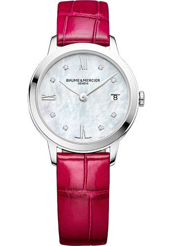 baume-mercier-classima-quartz-watch-date-display-diamond-set-31-mm-steel-case-diamond-white-mother-of-pearl-dial-fuschia-alligator-strap