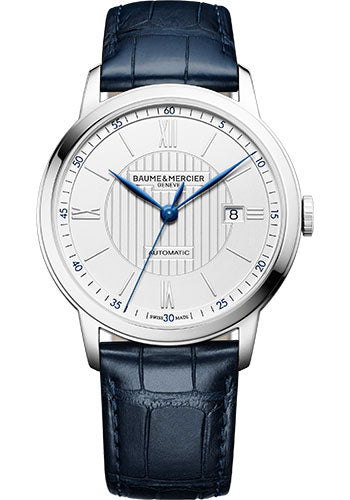 baume-mercier-classima-automatic-watch-date-display-42-mm-steel-case-silver-dial-blue-alligator-strap