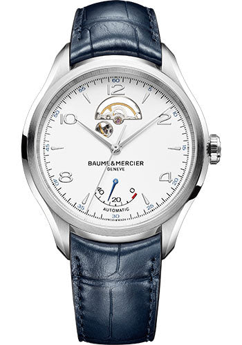 baume-mercier-clifton-automatic-watch-open-balance-43-mm-steel-case-white-dial-blue-alligator-strap