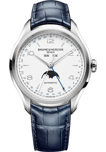 baume-mercier-clifton-automatic-watch-day-date-moon-phase-43-mm-steel-case-dial-blue-alligator-strap