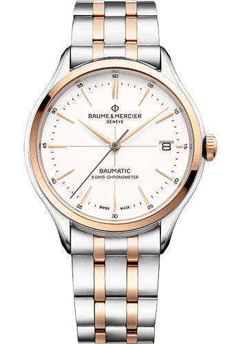 baume-mercier-clifton-automatic-watch-cosc-certified-date-40-mm-steel-and-pink-gold-case-warm-white-dial-two-tone-bracelet
