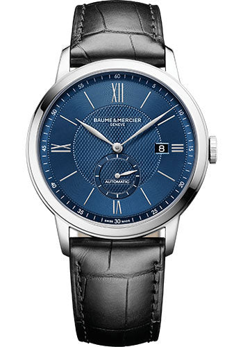 baume-mercier-classima-automatic-watch-small-seconds-date-42-mm-steel-case-blue-dial-black-alligator-strap