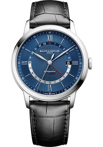 baume-mercier-classima-automatic-watch-dual-time-central-hand-42-mm-steel-case-blue-dial-black-alligator-strap