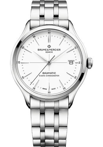 baume-mercier-clifton-automatic-watch-cosc-certified-date-40-mm-steel-case-white-dial-steel-bracelet