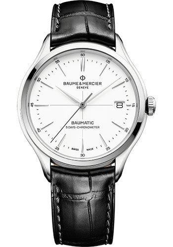 baume-mercier-clifton-automatic-watch-date-cosc-certified-40-mm-steel-case-white-dial-black-alligator-strap