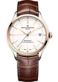 baume-mercier-clifton-automatic-watch-date-cosc-certified-40-mm-steel-and-pink-gold-case-warm-white-dial-red-brown-alligator-strap