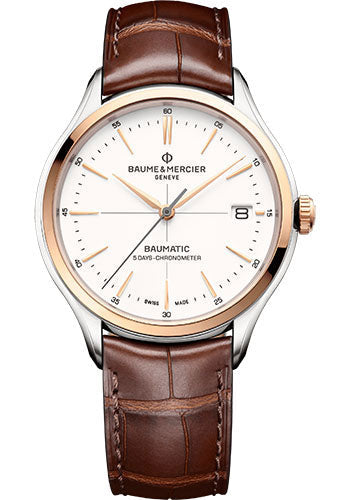 baume-mercier-clifton-automatic-watch-date-cosc-certified-40-mm-steel-and-pink-gold-case-warm-white-dial-red-brown-alligator-strap