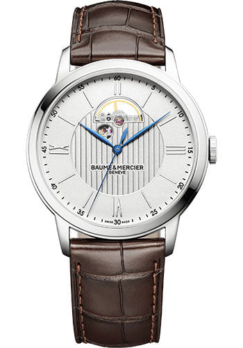 baume-mercier-classima-automatic-watch-open-balance-42-mm-steel-case-silver-dial-dark-brown-alligator-strap