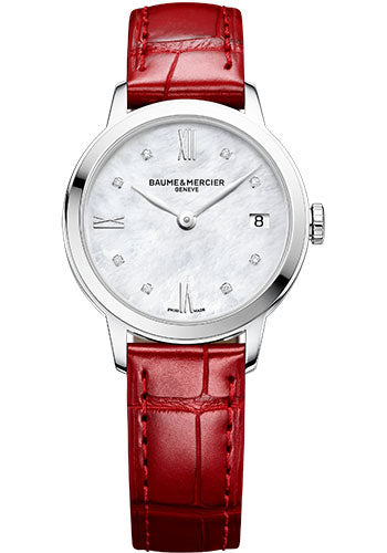 baume-mercier-classima-quartz-watch-date-display-diamond-set-31-mm-steel-case-diamond-white-mother-of-pearl-dial-shiny-red-alligator-strap