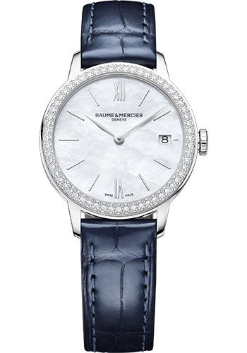 baume-mercier-classima-quartz-watch-date-display-diamond-set-31-mm-steel-case-white-mother-of-pearl-dial-shiny-blue-alligator-strap