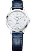 baume-mercier-classima-automatic-watch-date-diamond-set-31-mm-steel-case-diamond-white-mother-of-pearl-dial-shiny-blue-alligator-strap