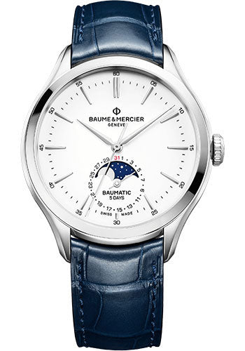 baume-mercier-clifton-automatic-watch-moon-phase-date-42-mm-steel-case-white-dial-blue-alligator-strap