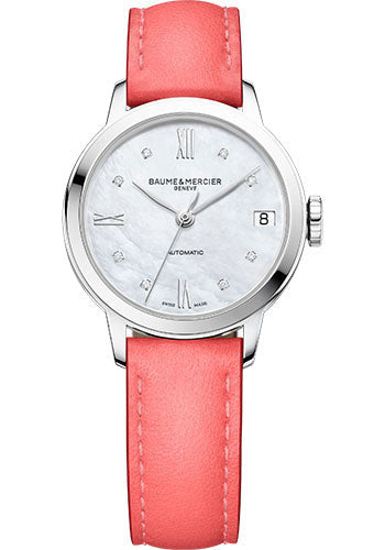 baume-mercier-classima-automatic-watch-date-diamond-set-31-mm-steel-case-diamond-white-mother-of-pearl-dial-pink-calfskin-strap