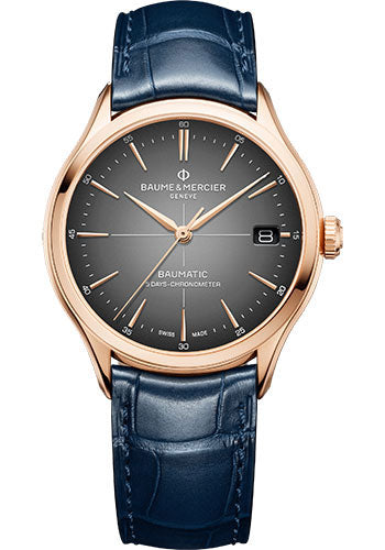baume-mercier-clifton-automatic-watch-cosc-certified-date-39-mm-18k-pink-gold-case-gray-dial-blue-alligator-strap