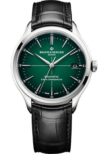 baume-mercier-clifton-automatic-watch-cosc-certified-date-40-mm-steel-case-green-dial-black-alligator-strap