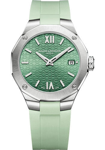 baume-mercier-riviera-quartz-watch-date-display-36mm-steel-case-green-dial-light-green-rubber-strap