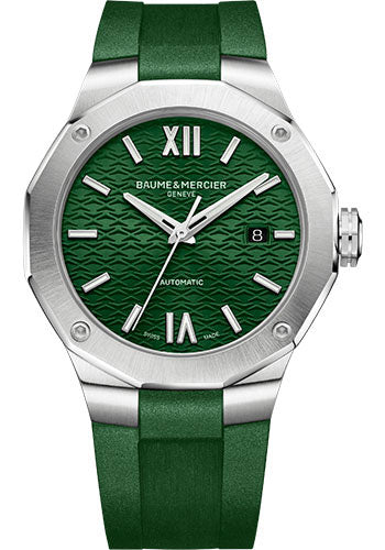 baume-mercier-riviera-automatic-watch-date-display-42mm-steel-case-green-dial-green-rubber-strap
