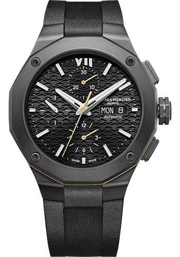 baume-mercier-riviera-automatic-watch-chronograph-43-mm-black-adlc-case-black-dial-black-rubber-strap
