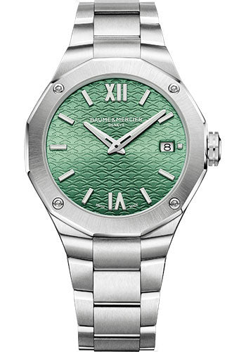 baume-mercier-riviera-quartz-watch-date-display-36mm-steel-case-green-dial-steel-bracelet