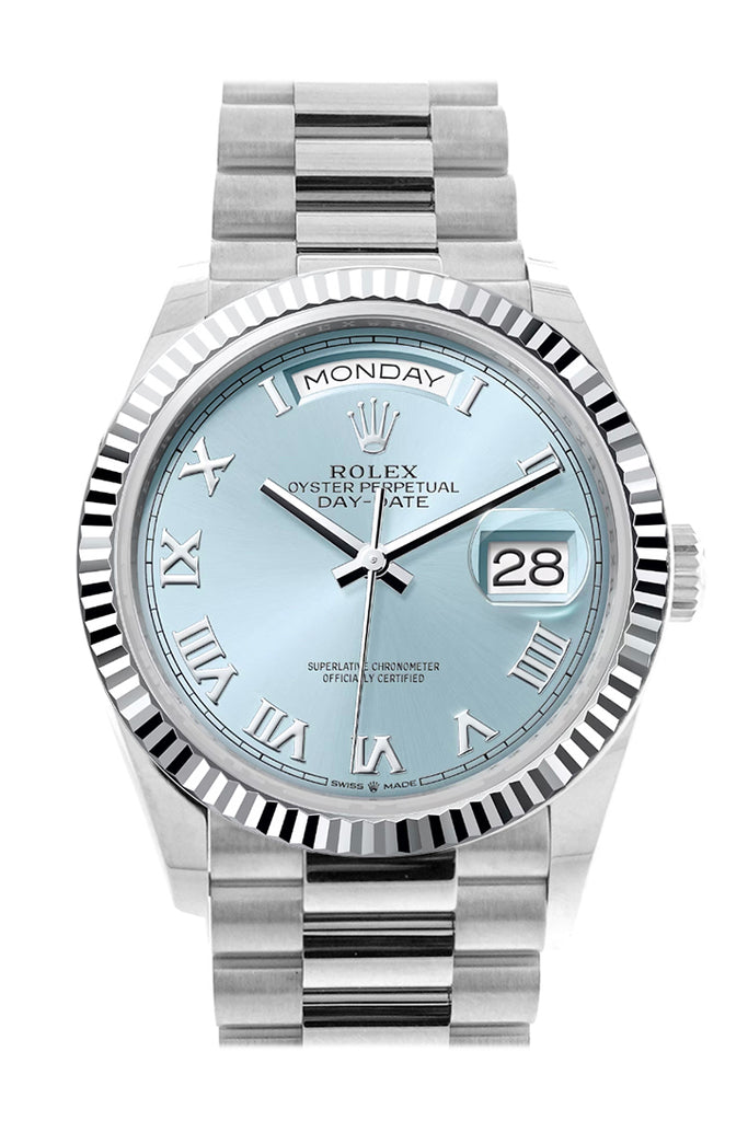 rolex-day-date-36-ice-blue-roman-dial-fluted-bezel-platinum-president-watch-128236