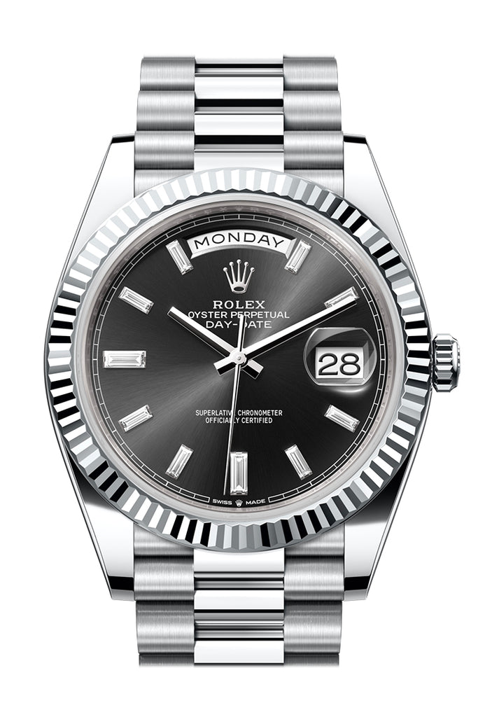 rolex-day-date-40-bright-black-10-baguette-cut-diamonds-dial-fluted-bezel-platinum-president-mens-watch-228236