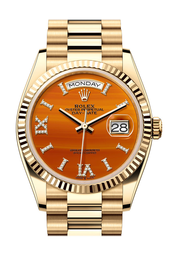 rolex-day-date-36-carnelian-dial-gold-fluted-bezel-yellow-gold-watch-128238
