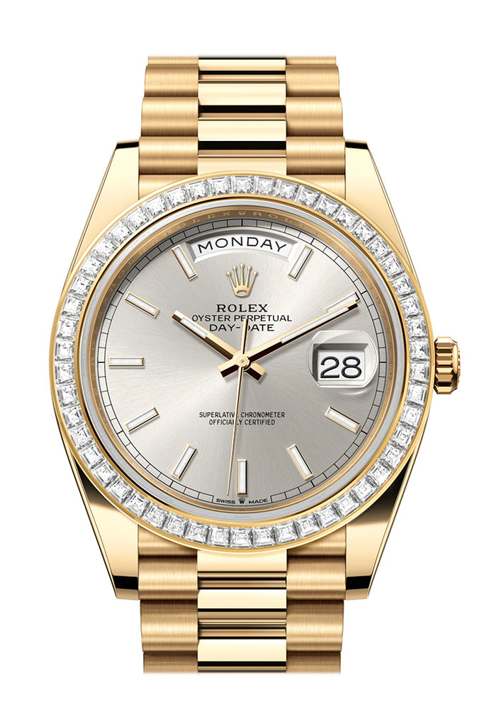 rolex-day-date-40-silver-dial-baguette-diamond-bezel-18k-yellow-gold-president-mens-watch-228398tbr