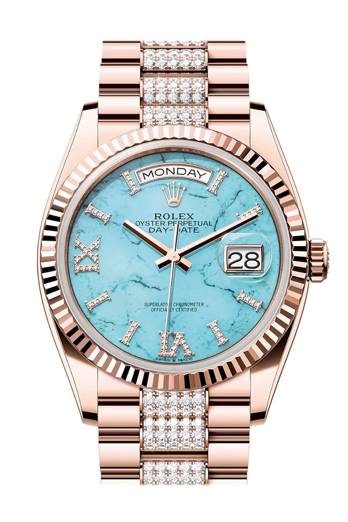 rolex-day-date-36-turquoise-diamond-dial-fluted-bezel-18k-everose-gold-diamond-president-watch-128235