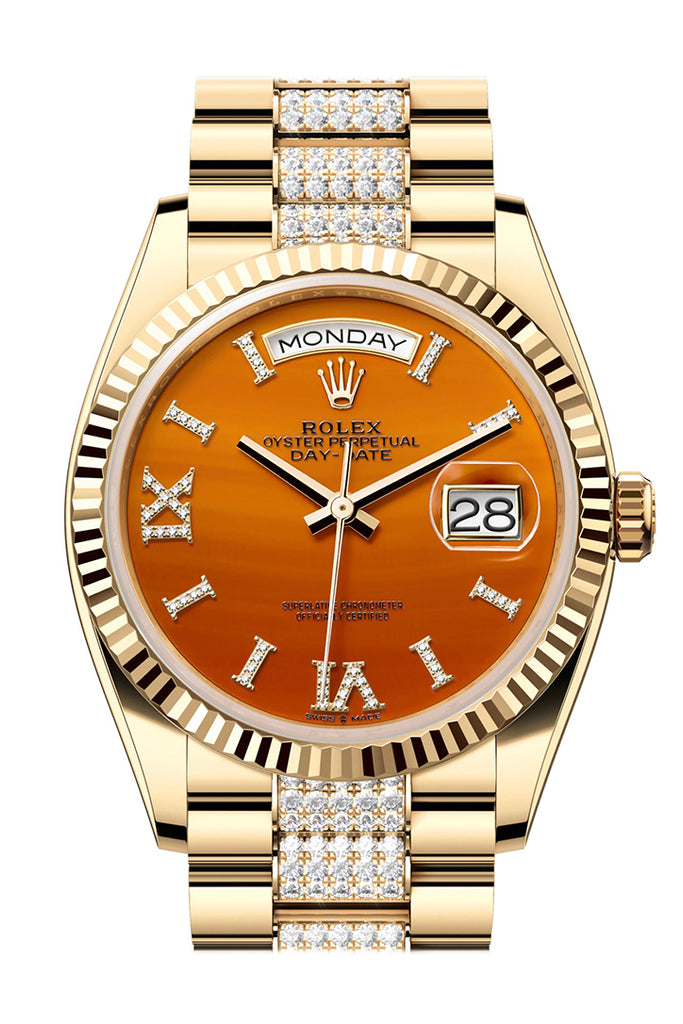 rolex-day-date-36-carnelian-dial-gold-fluted-bezel-diamond-bracelet-yellow-gold-watch-128238