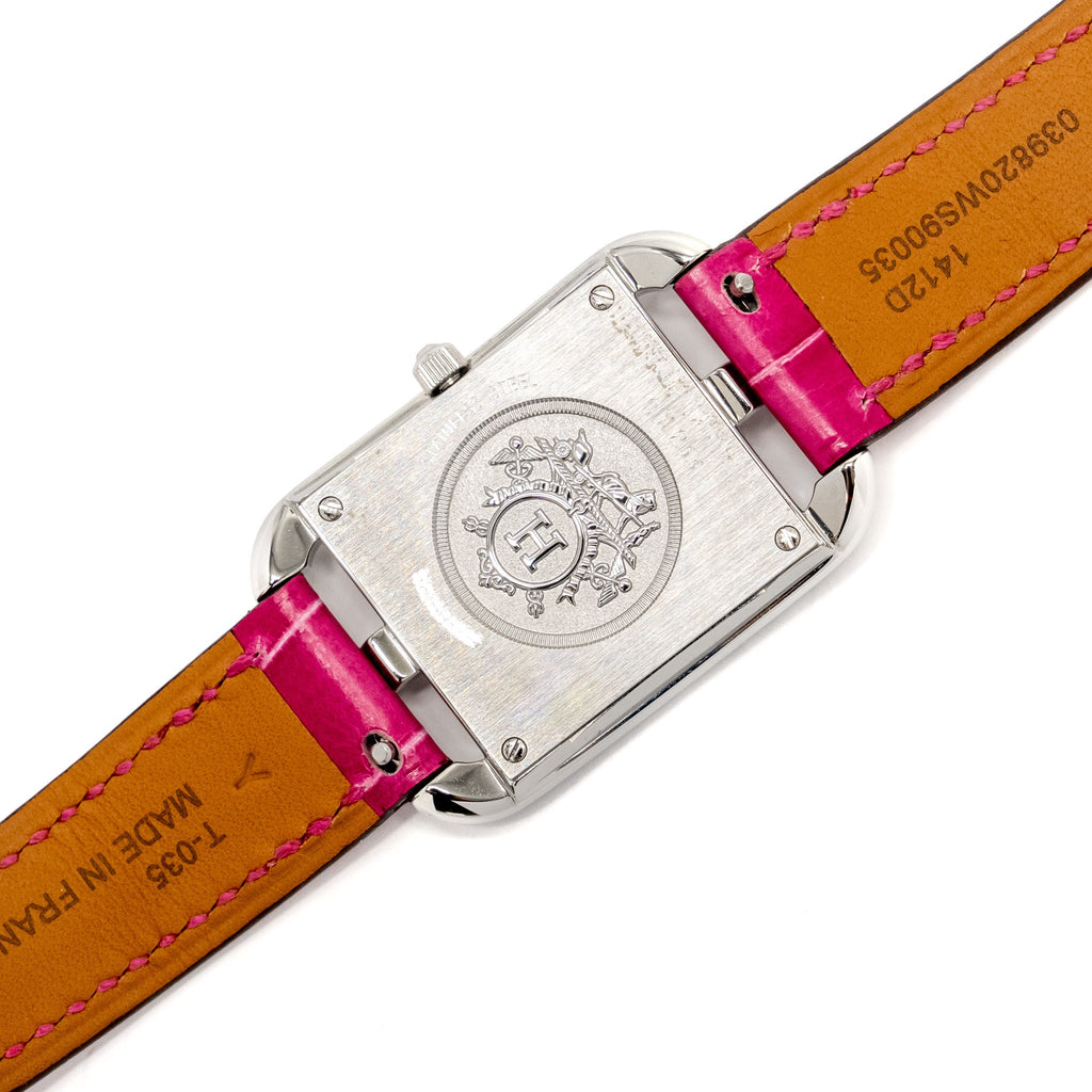 hermes-cape-cod-watch-small-model-31mm-steel-case-mother-of-pearl-dial-with-diamonds-alligator-raspberry-strap