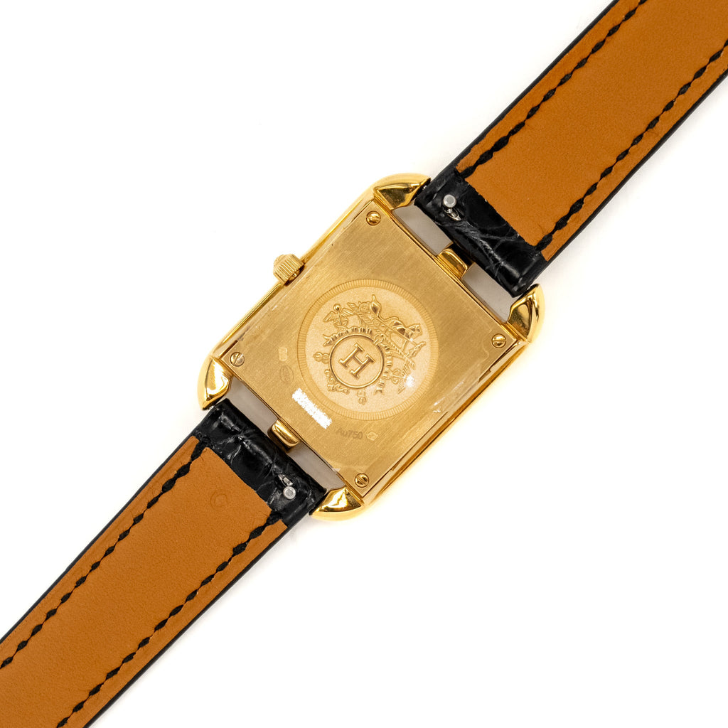 hermes-cape-cod-watch-small-model-31mm-yellow-gold-mother-of-pearl-dial-alligator-strap-black-with-diamonds