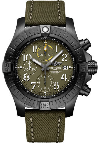 breitling-avenger-chronograph-45-night-mission-watch-dlc-coated-titanium-green-dial-khaki-green-calfskin-leather-strap-tang-buckle-v13317101l1x1