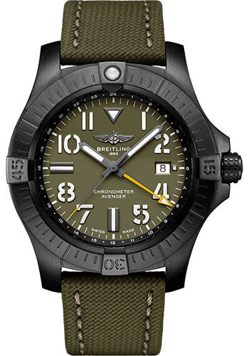breitling-avenger-automatic-gmt-45-night-mission-limited-edition-watch-dlc-coated-titanium-green-dial-khaki-green-calfskin-leather-strap-tang-buckle-limited-edition-of-2000-v323952a1l1x1