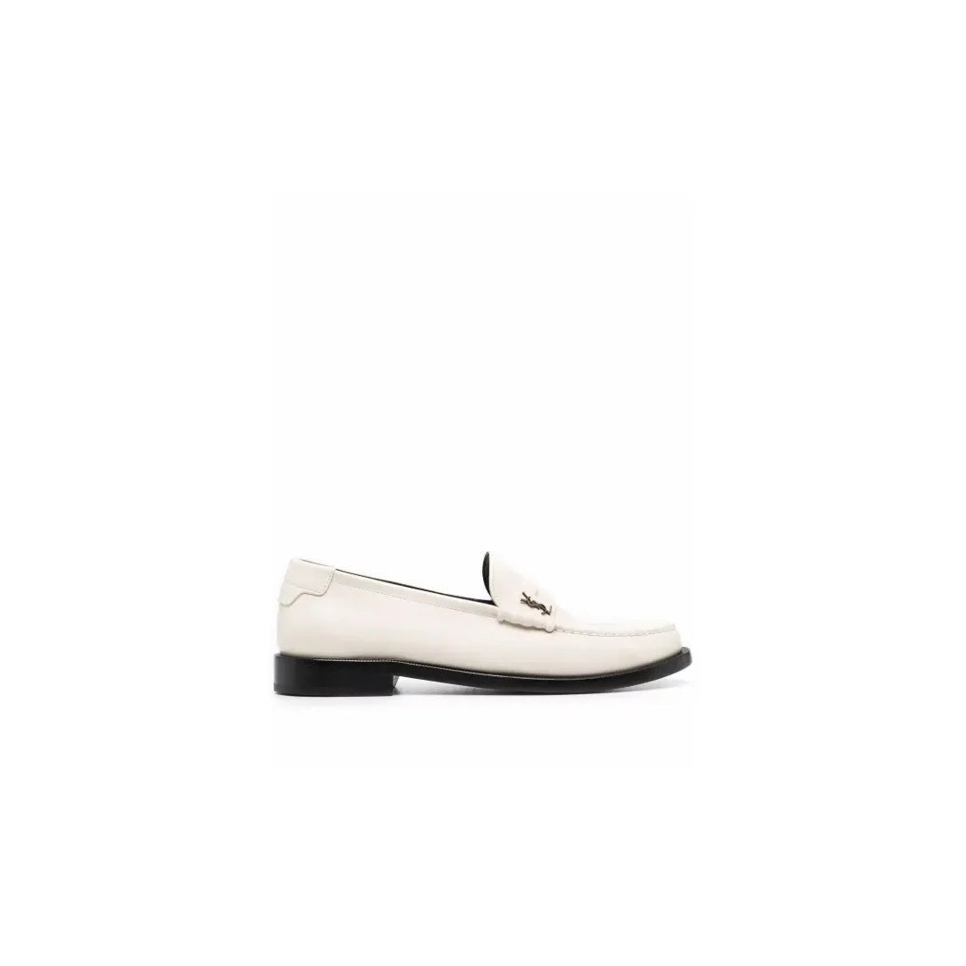 SAINT LAURENT LOGO-PLAQUE GATHERED LOAFERS CREAM & IVORY