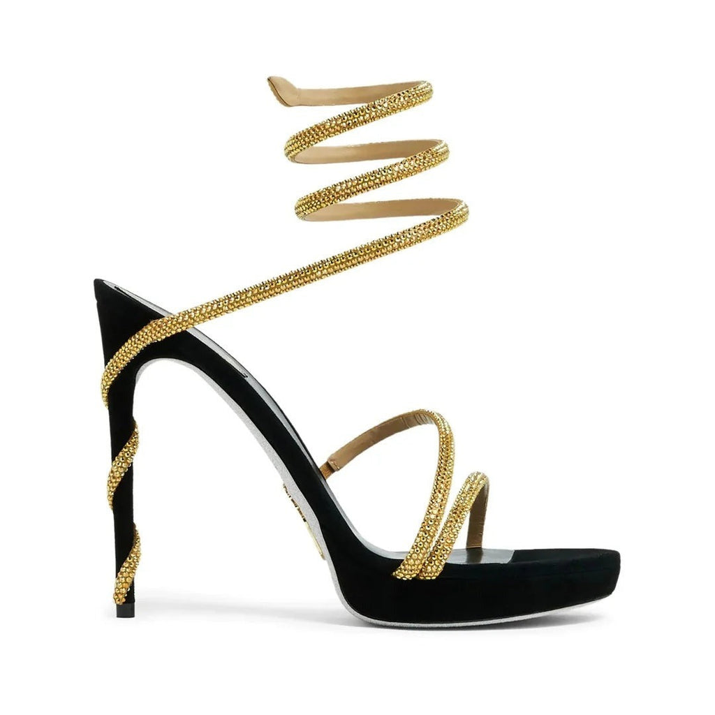 RENÉ CAOVILLA CLEO 40MM CRYSTAL-EMBELLISHED SANDAL BLACK & GOLD