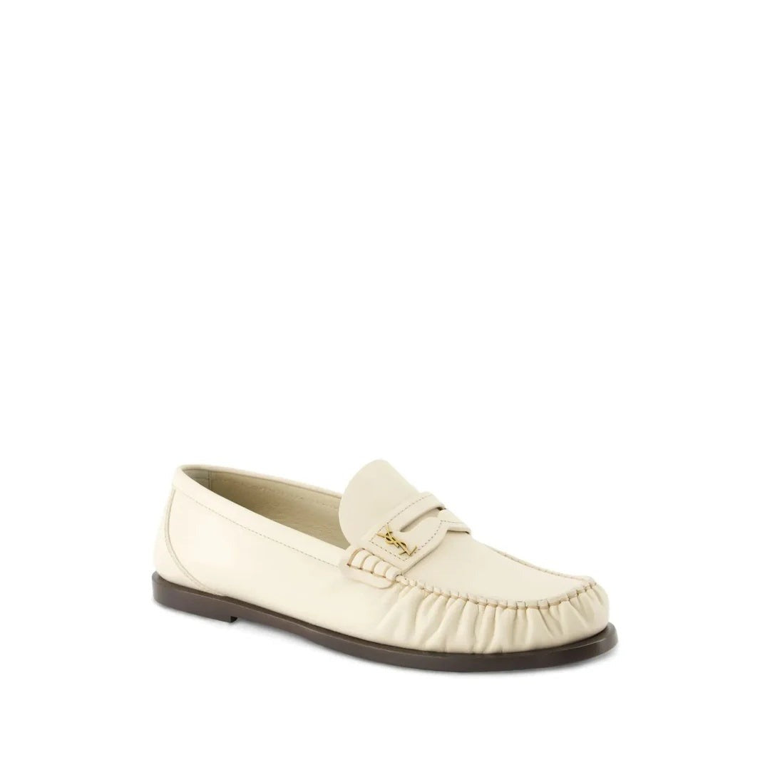 SAINT LAURENT LOGO-PLAQUE GATHERED LOAFERS CREAM & IVORY