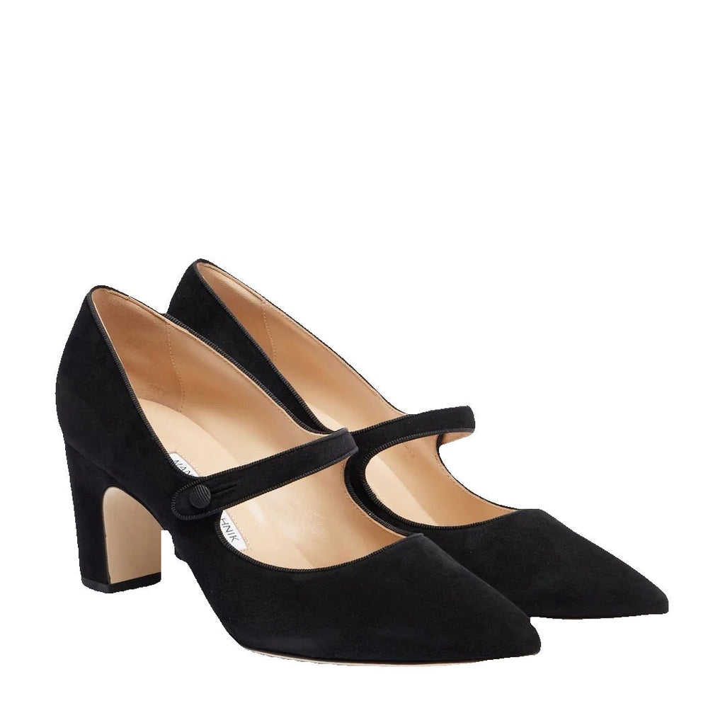 MANOLO BLAHNIK CAMPARIBA POINTED TOE MARY JANE PUMP BLACK SUEDE