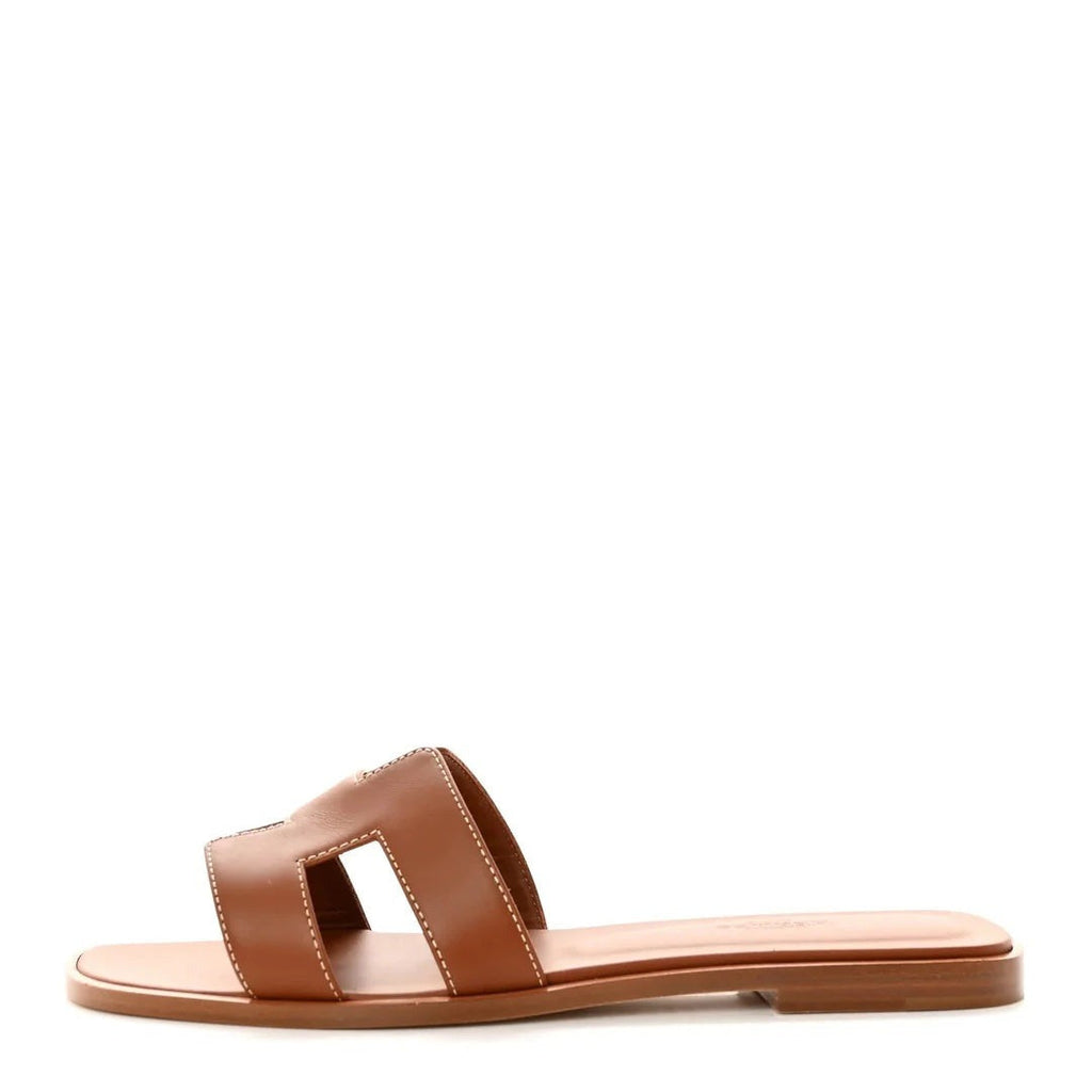 HERMÈS HERMES BOX CALFSKIN ORAN SANDAL ROUGE TOMETTE TAN & BROWN