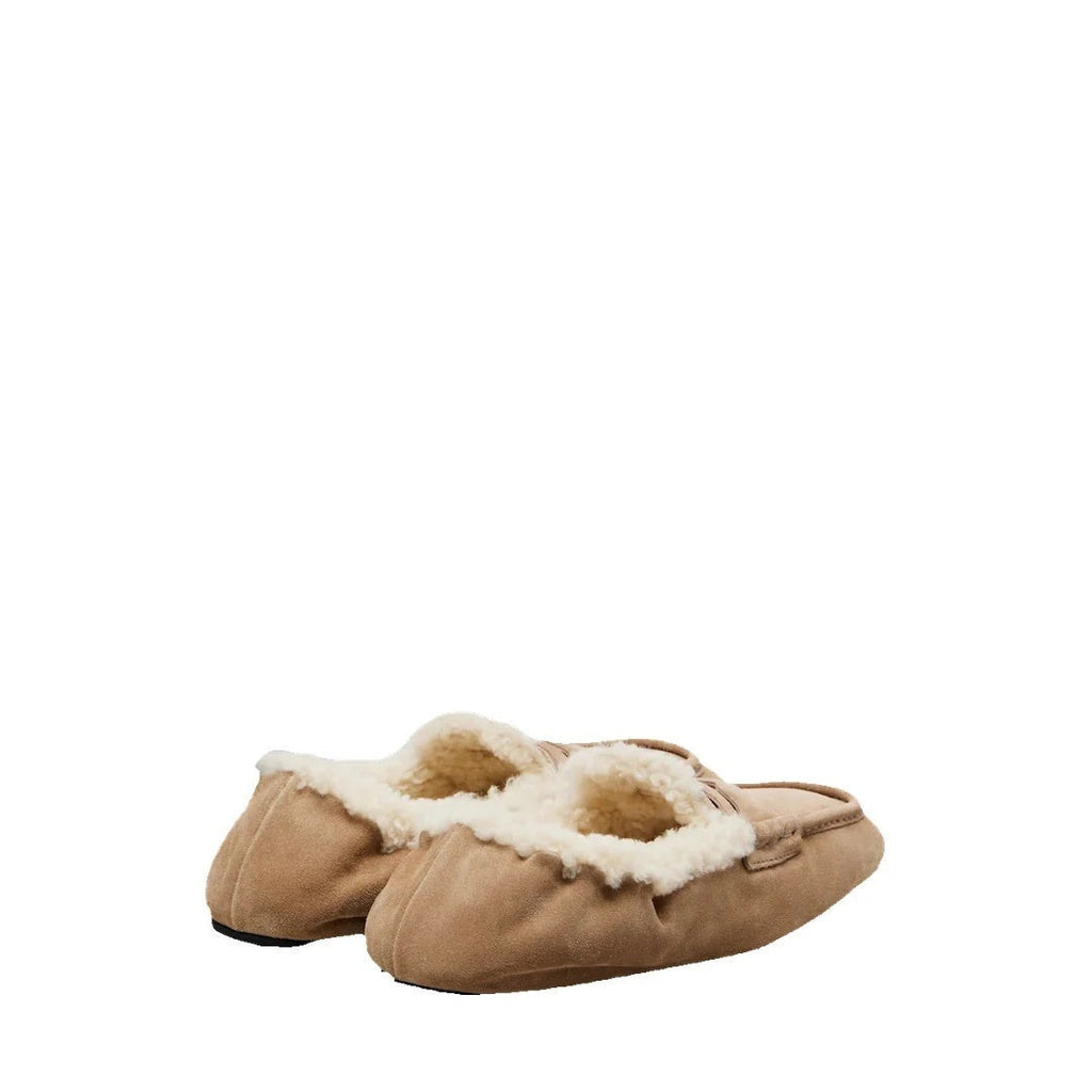 MIU MIU SUEDE SHEARLING PENNY LOAFER MULE BROWN