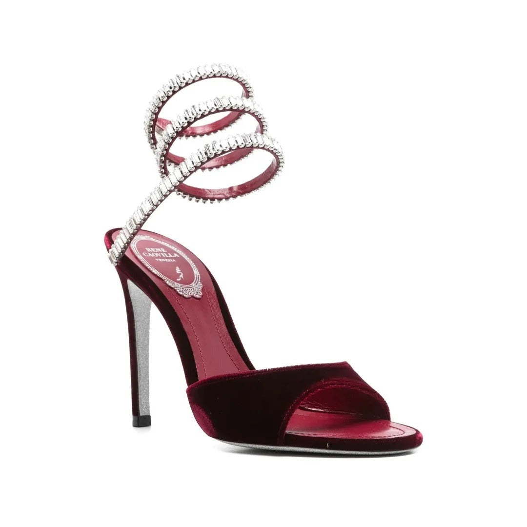 RENÉ CAOVILLA CLEO 105MM BAGUETTE CRYSTAL SATIN SNAKE-WRAP SANDAL BURGUNDY