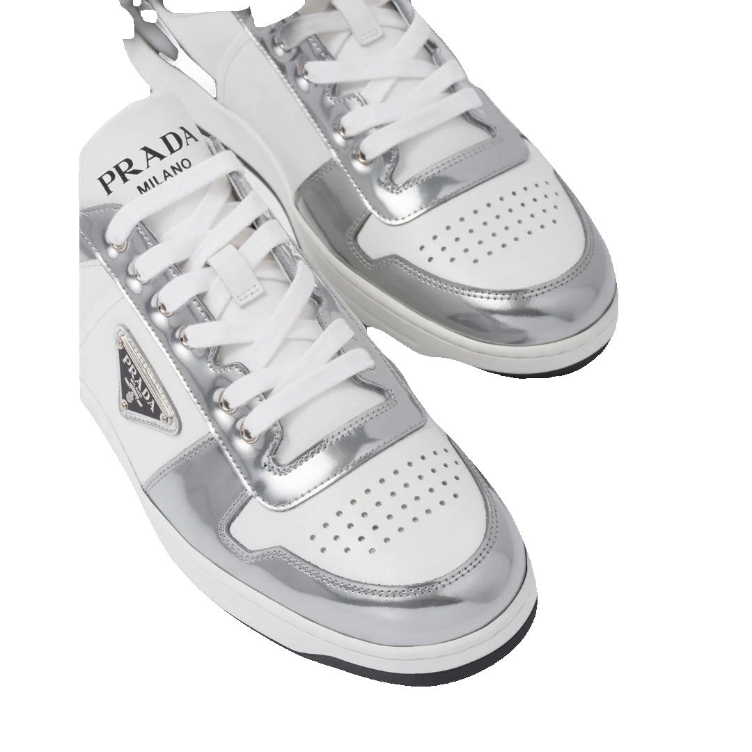 PRADA DOWNTOWN LEATHER SNEAKERS SILVER & WHITE