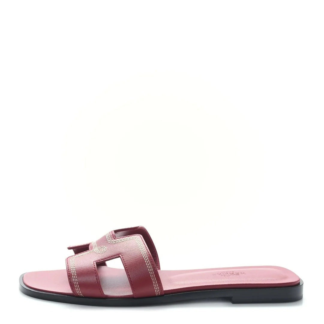 HERMÈS HERMES BOX CALFSKIN ORAN SANDAL ROUGE TOMETTE BURGUNDY