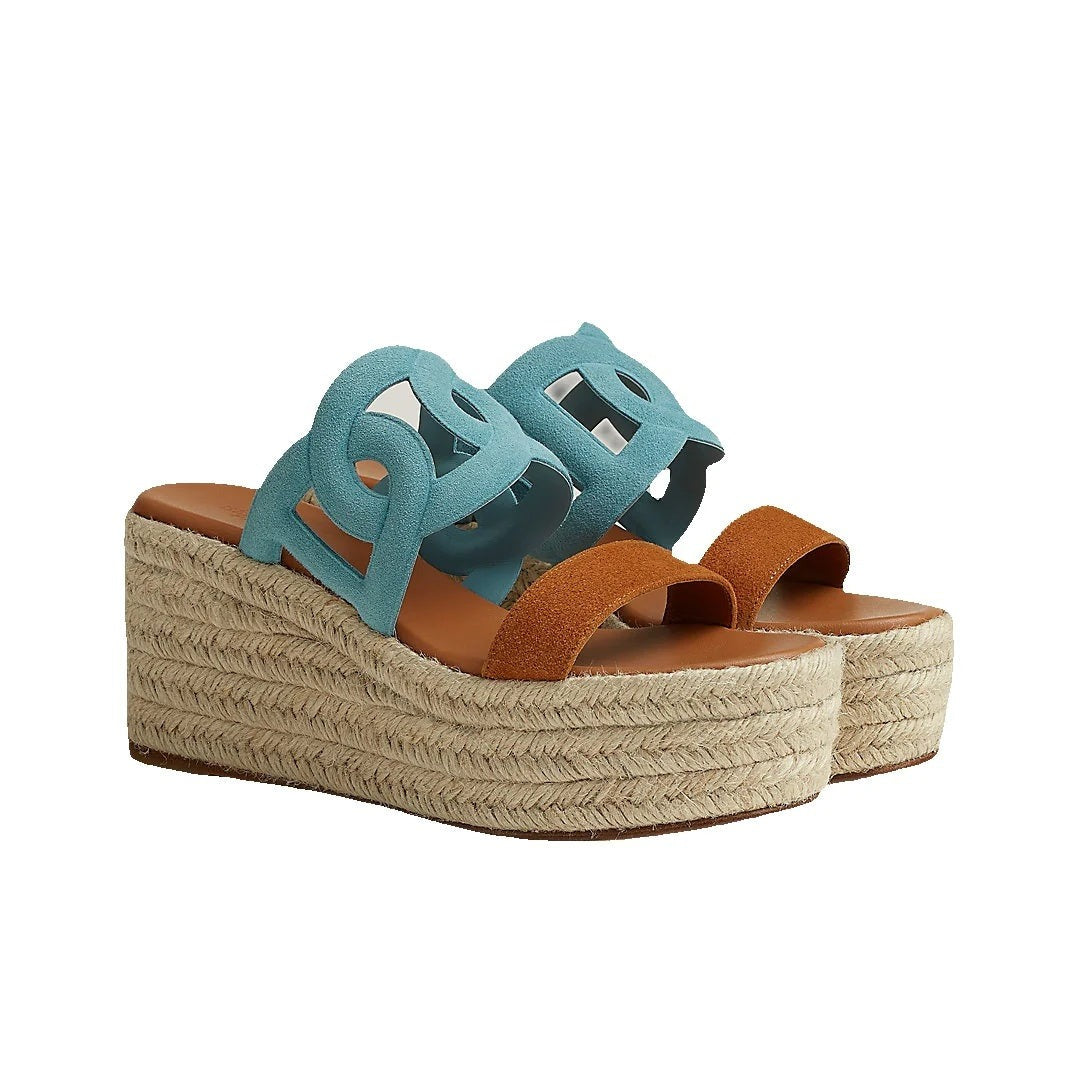 HERMÈS ITHEA ESPADRILLE BEIGE BLUE & TAN