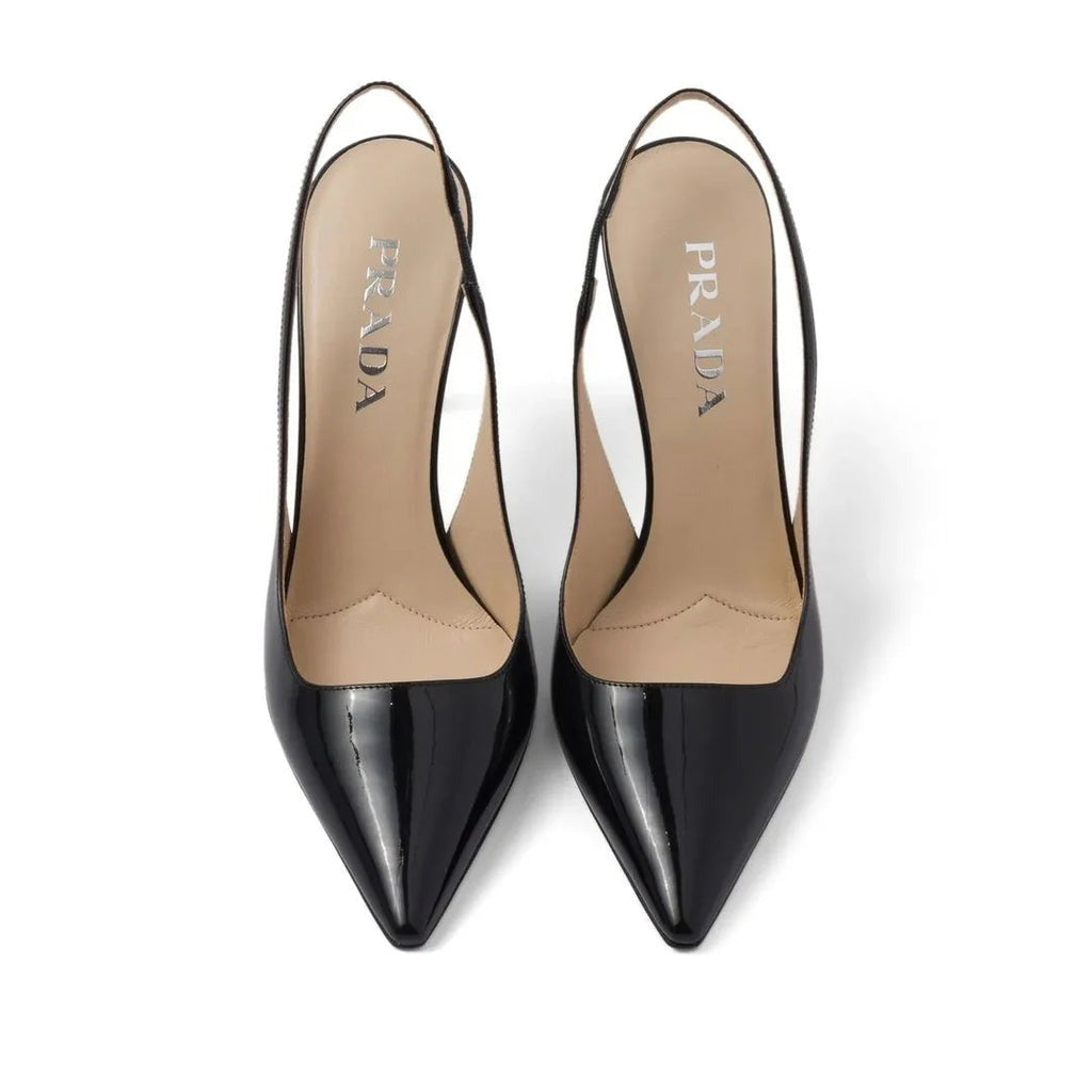 PRADA SPAZZOLATO PADDED TRIANGLE LOGO SLINGBACK FLATS BLACK