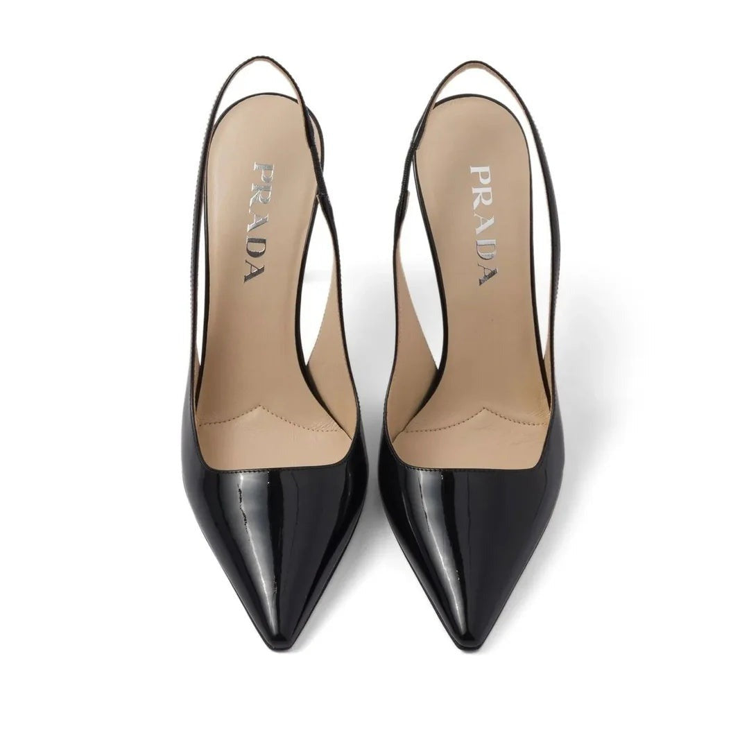 PRADA SPAZZOLATO PADDED TRIANGLE LOGO SLINGBACK FLATS BLACK