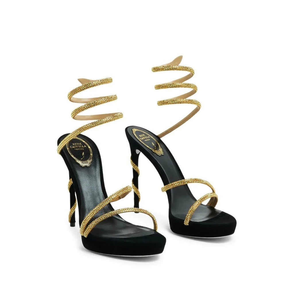 RENÉ CAOVILLA CLEO 40MM CRYSTAL-EMBELLISHED SANDAL BLACK & GOLD
