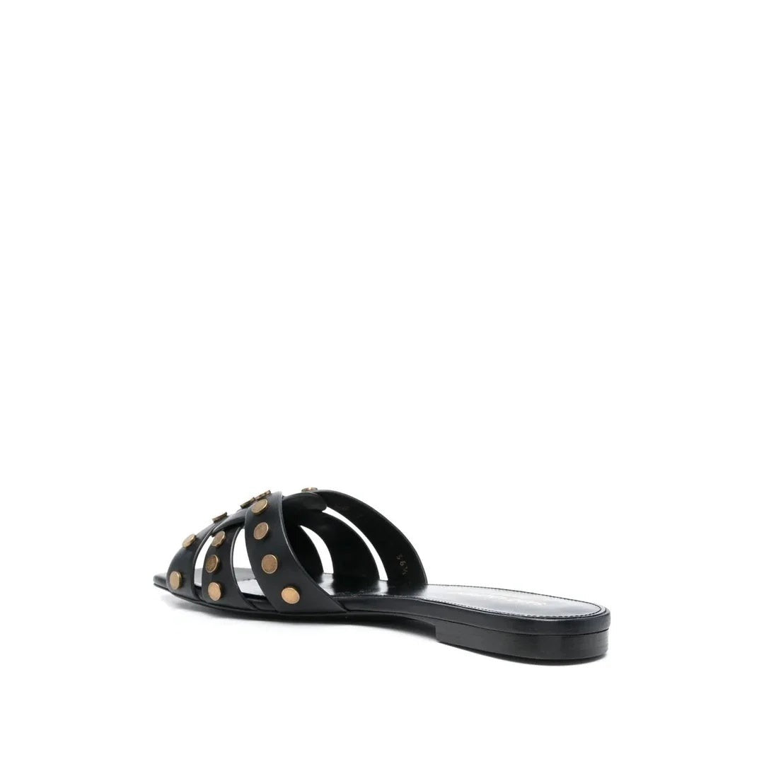 SAINT LAURENT TRIBUTE FLAT SANDALS BLACK (STUDDED)