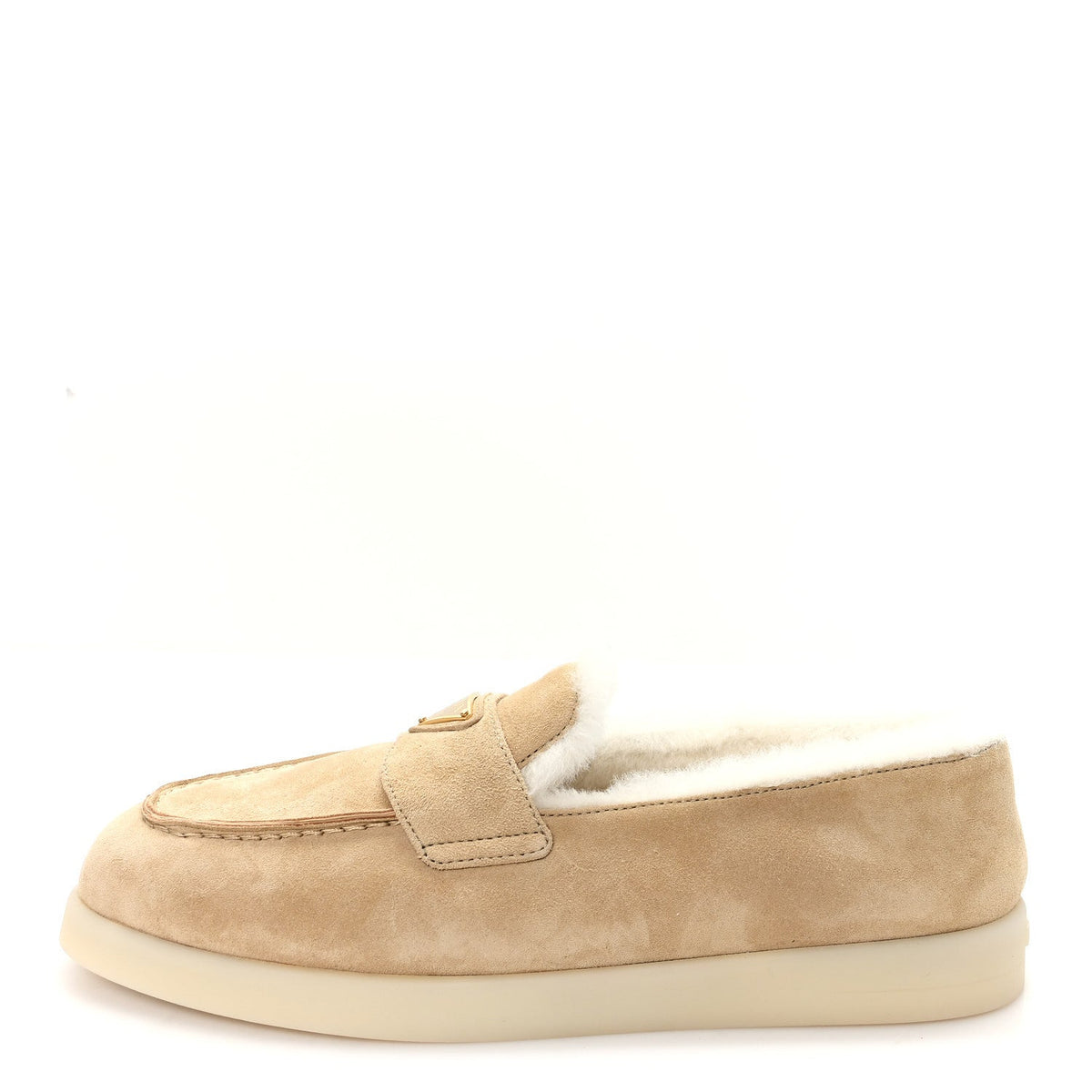 PRADA SUEDE SHEARLING TRIANGLE LOGO LUG SOLE MULES BLACK