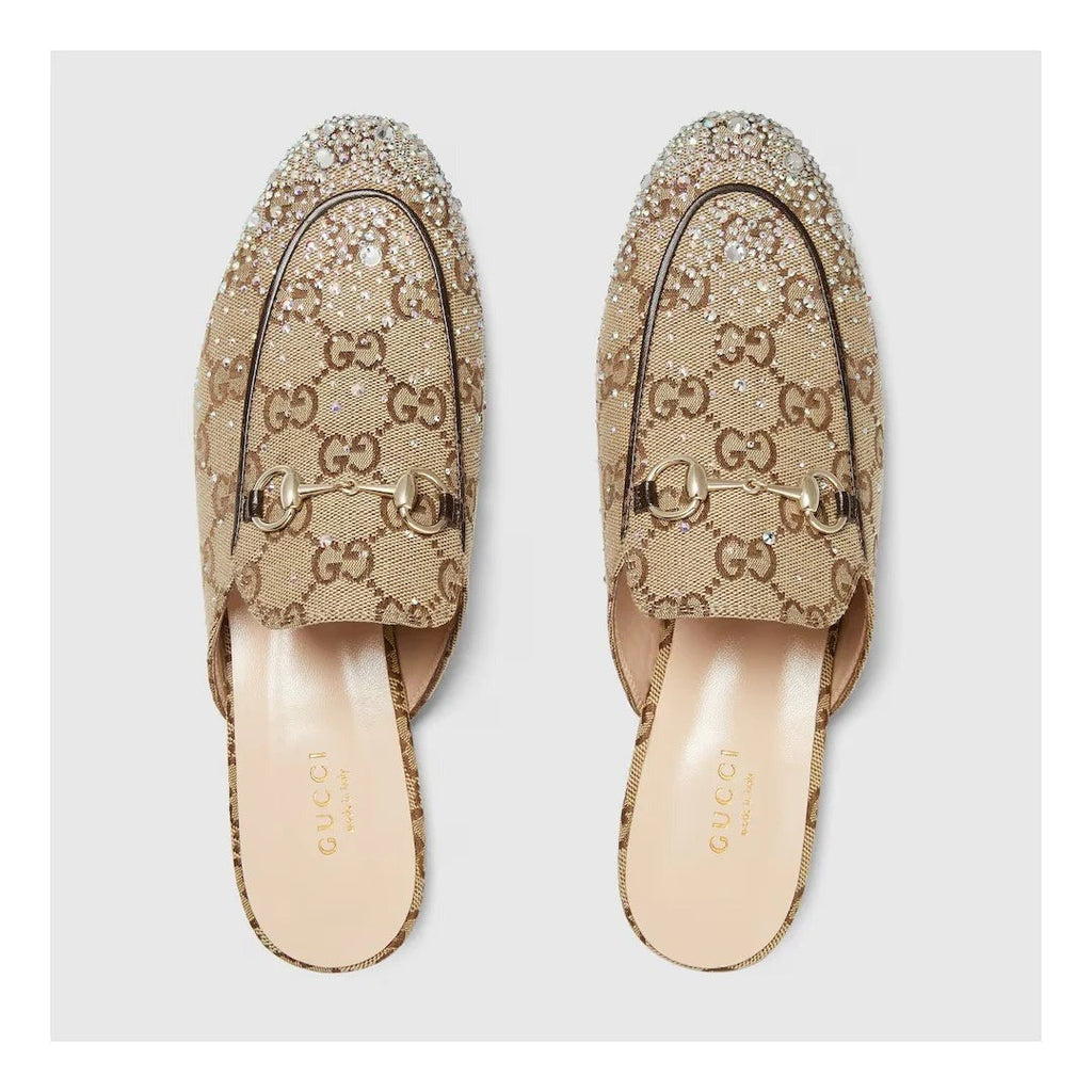 GUCCI GLITTER PRINCETOWN SLIPPERS BEIGE & BROWN GG