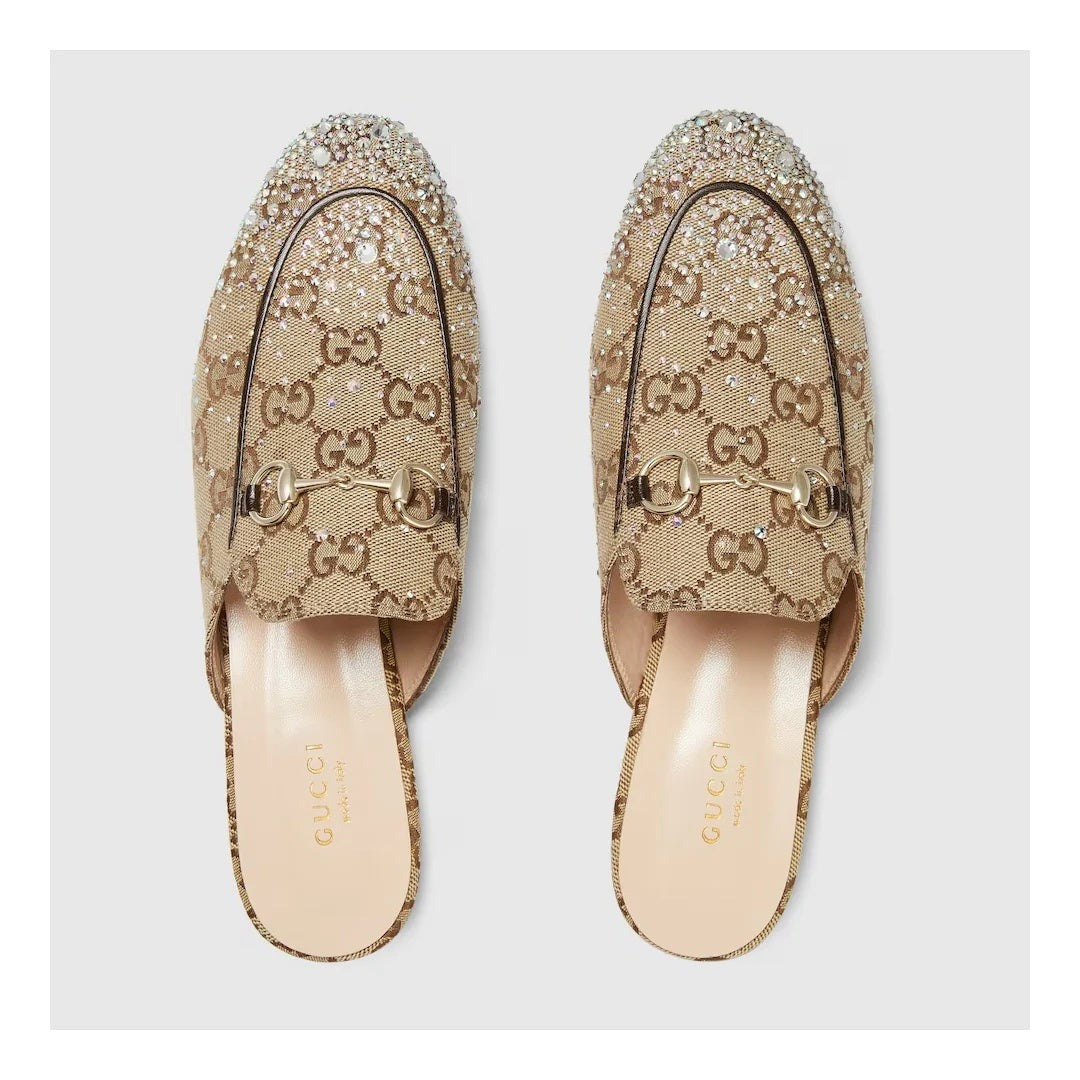 GUCCI GLITTER PRINCETOWN SLIPPERS BEIGE & BROWN GG